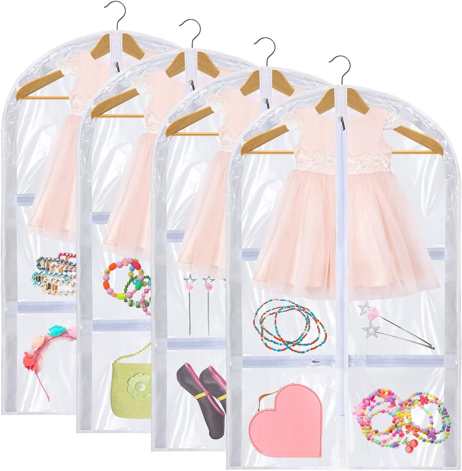 4 Pack Kids Dance Costume Garment Bag, Dance Garment Bags for Dancers, Clear Plastic Clothing bags with Pockets for Children Hanging Clothes Travel Storage