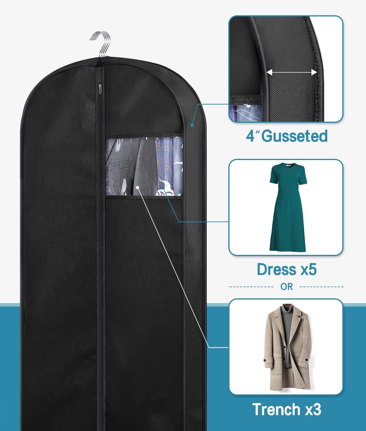 KIMBORA 54 Suit Bags for Closet Storage and Travel, Gusseted Hanging Garment Bags for Men Suit Cover With Handles for Clothes, Coats, Jackets, Shirts（3 Packs）