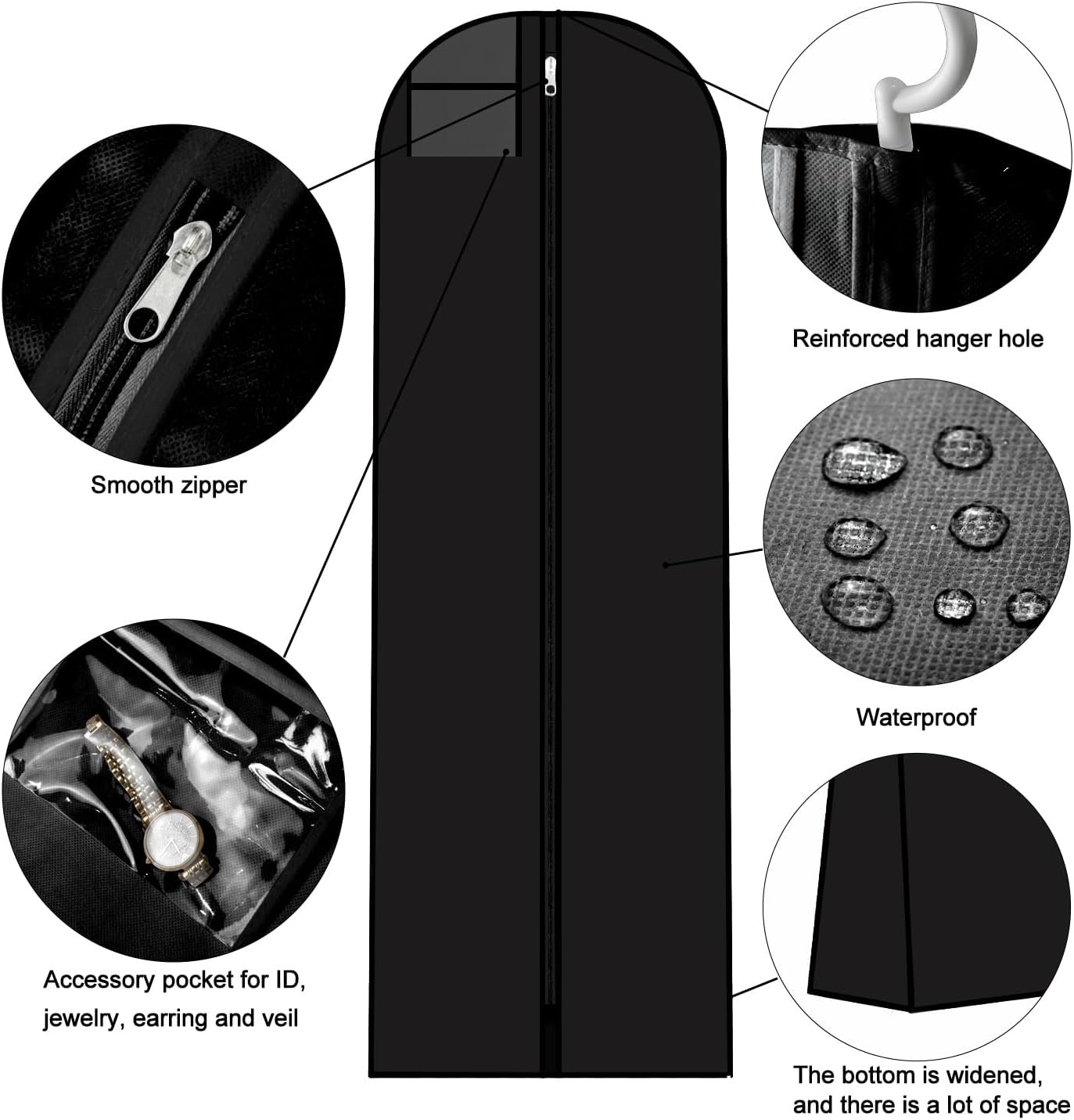 AIDBUCKS Wedding Dress Cover 71 Large Garment Bag Cover For Long Gowns with Extra Wide Gusset for Tuxedos, Coats, Long Poufy Dress, Breathable, Black