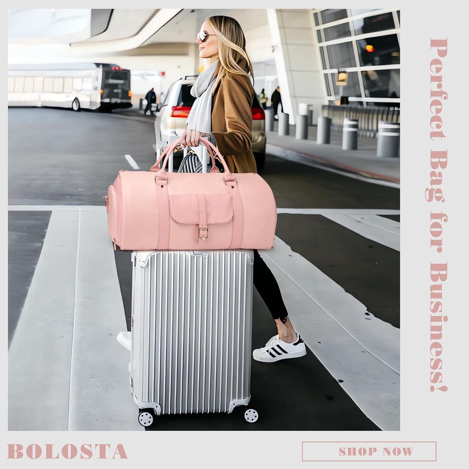 BOLOSTA Carry On Garment Bag for Women Convertible Garment Duffle Bag for Hanging Clothes Long Dresses PU Leather Travel Weekender Overnight Bag with Shoe Compartment