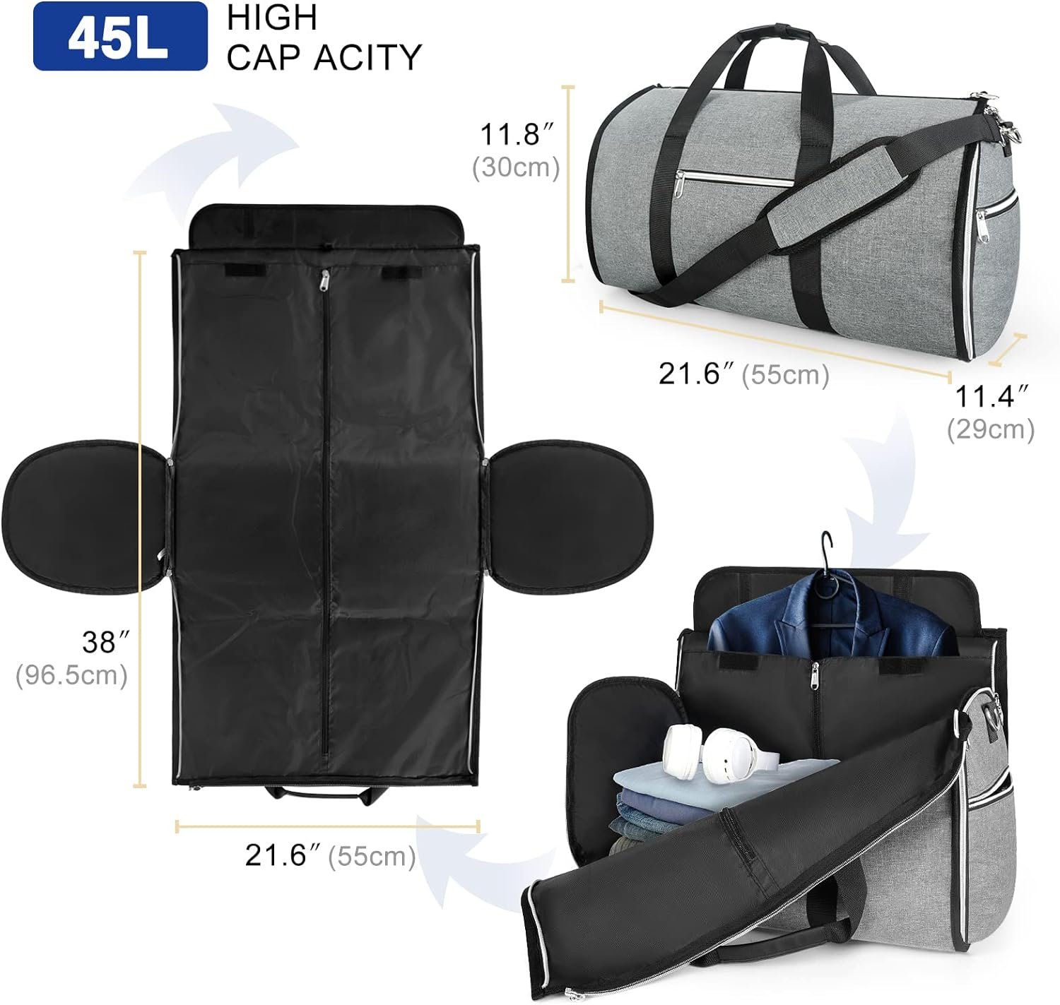 Carry On Garment Bags for Travel,Suit Travel Bag for Men Women,With Shoulder Strap for Business Trips Bag 2 in1 Suitcase for Foldable Luggage Bag