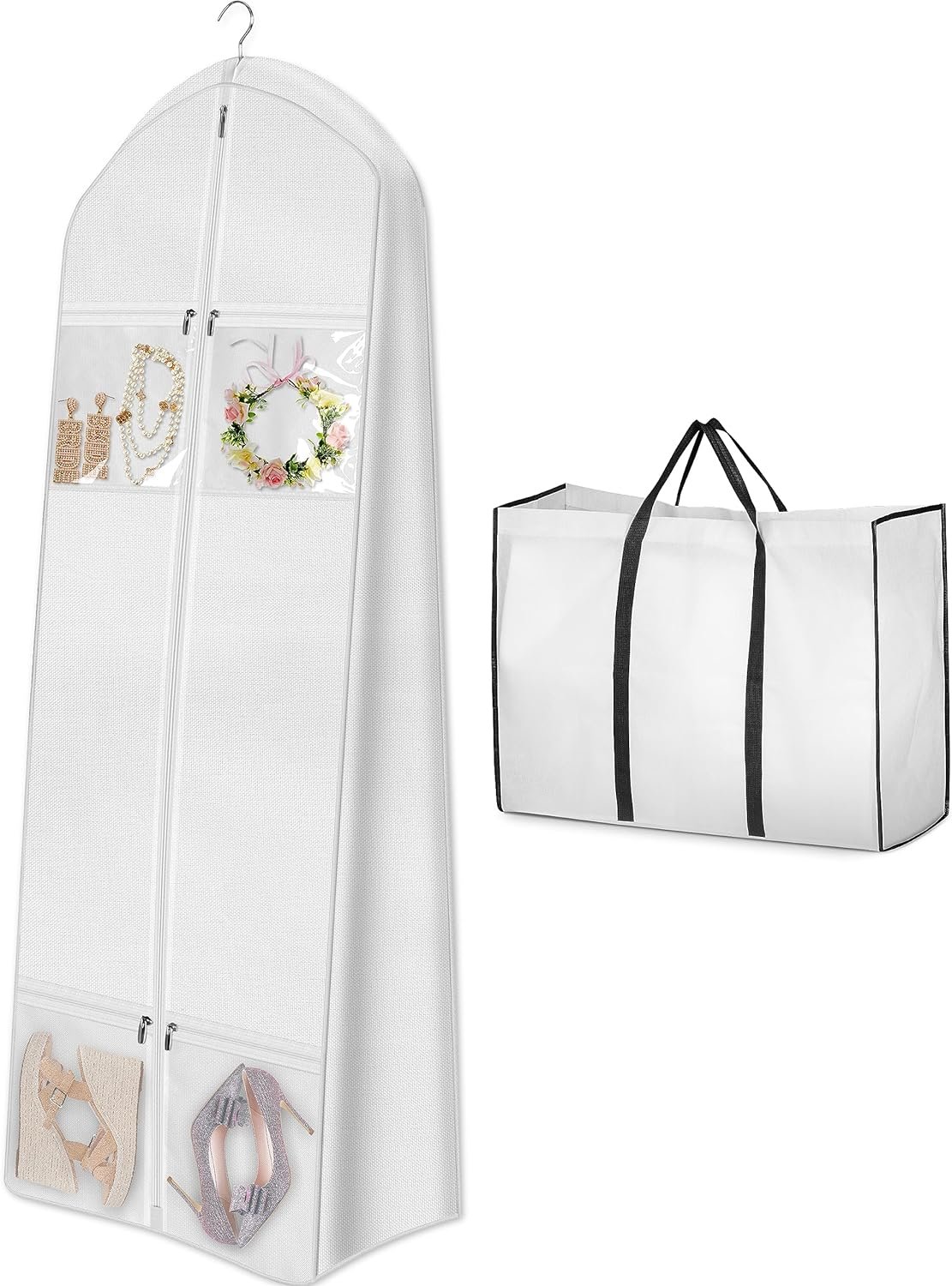 MISSLO Portable 70 Wedding Dress Garment Bag with Bride Tote Bag 8 Gusseted Dress Bags for Gowns Long 4 Pockets Dress Cover for Women, White