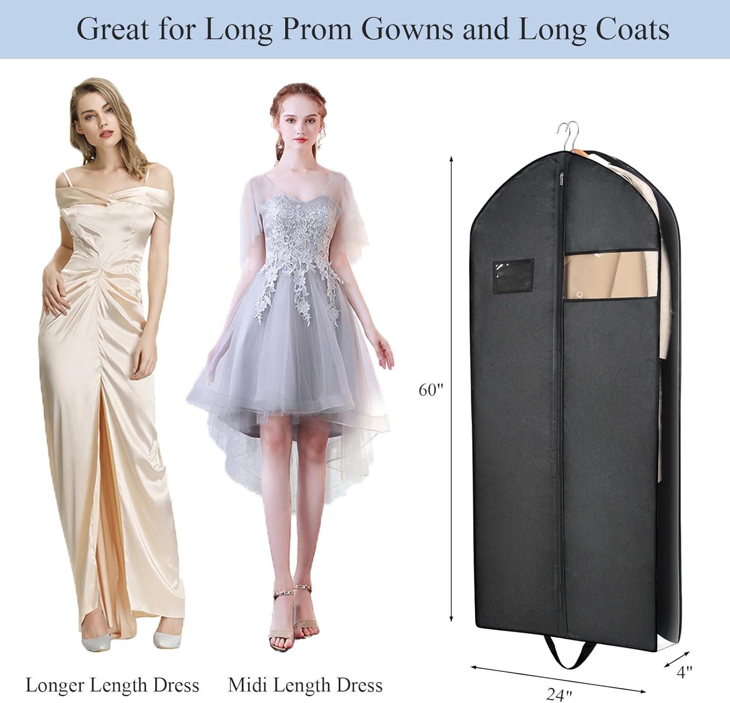 SORON 60 Dress Bags for Gowns Long for Car Traveling, 5-Pack Garment Bag for Dresses Long With Visible Design, Foldable Dress Covers for Long Prom Gown, Dresses, Tuxedo, Cosplay Outfits, and More : Home  Kitchen