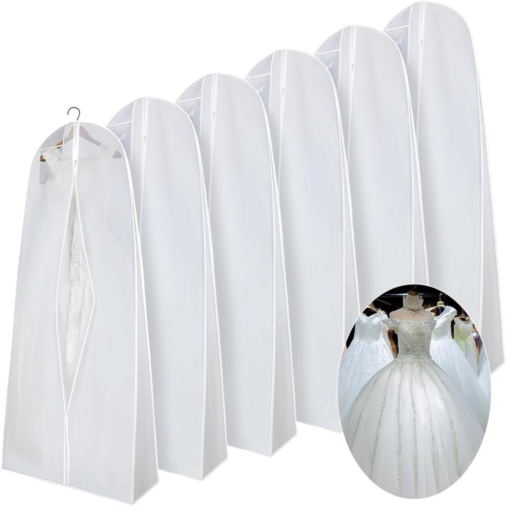 Windyun 6 Pcs Wedding Dress Garment Bag 71 Inches Wedding Dress Bag Dress Storage Bags Hanging Travel Garment Covers for Bridal Gown, White